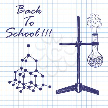 Physics theme. Doodle sketch on checkered paper background. Vector illustration.