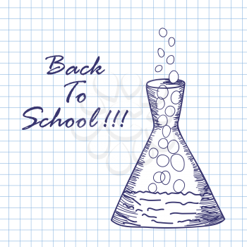 Chemical flask. Doodle sketch on checkered paper background. Vector illustration.