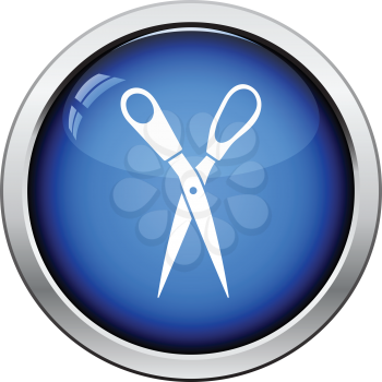 Tailor scissor icon. Glossy button design. Vector illustration.