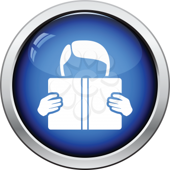 Icon of Boy reading book. Glossy button design. Vector illustration.
