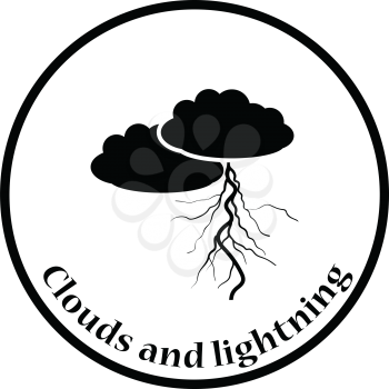 Clouds and lightning icon. Thin circle design. Vector illustration.