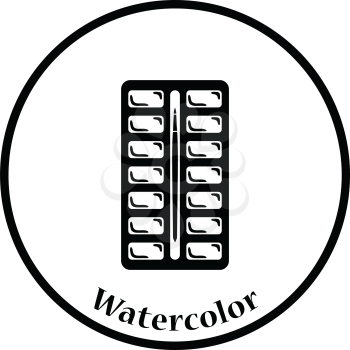 Watercolor paint-box icon. Thin circle design. Vector illustration.