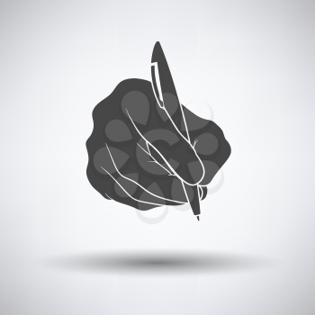 Hand with pen icon on gray background, round shadow. Vector illustration.