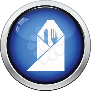 Fork and knife wrapped napkin icon. Glossy button design. Vector illustration.