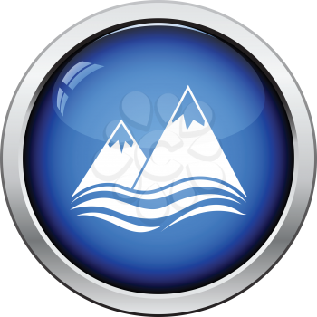 Snow peaks cliff on sea icon. Glossy button design. Vector illustration.