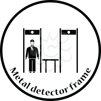 Stadium metal detector frame with inspecting fan icon. Thin circle design. Vector illustration.