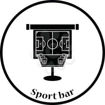 Sport bar table with mugs of beer and football translation on projection screen icon. Thin circle design. Vector illustration.