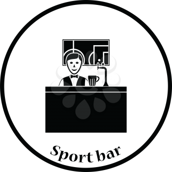 Sport bar stand with barman behind it and football translation on tv icon. Thin circle design. Vector illustration.