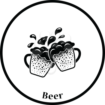 Two clinking beer mugs with fly off foam icon. Thin circle design. Vector illustration.