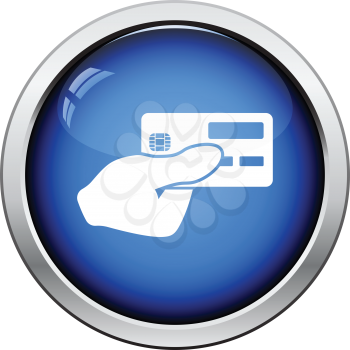 Hand holding credit card icon. Glossy button design. Vector illustration.