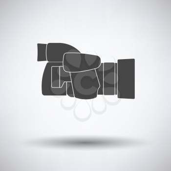 Icon of premium photo camera on gray background, round shadow. Vector illustration.