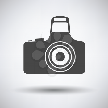 Icon of photo camera on gray background, round shadow. Vector illustration.