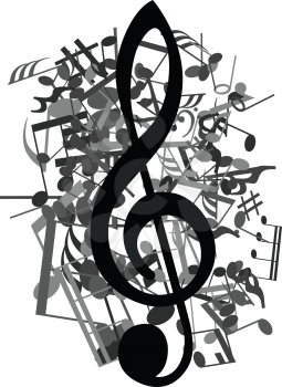 Black and white musical design from music staff elements with treble clef and notes. Isolated on white. Vector illustration.
