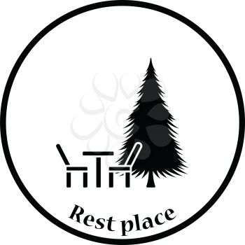 Park seat and pine tree icon. Thin circle design. Vector illustration.