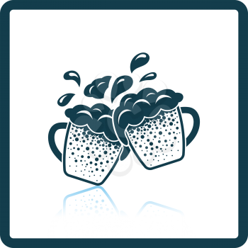 Two clinking beer mugs with fly off foam icon. Shadow reflection design. Vector illustration.