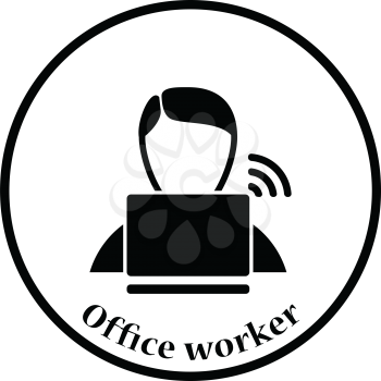 Businessman sitting behind a laptop icon. Thin circle design. Vector illustration.