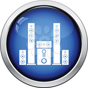 Audio system speakers icon. Glossy button design. Vector illustration.