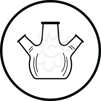 Icon of chemistry round bottom flask with triple throat. Thin circle design. Vector illustration.