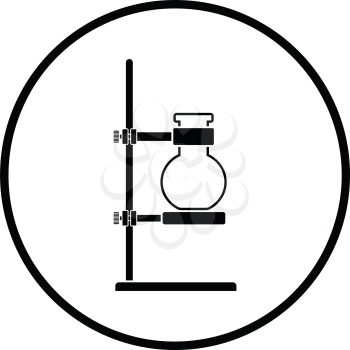Icon of chemistry flask griped in stand. Thin circle design. Vector illustration.