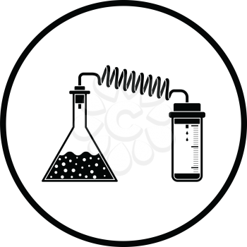 Icon of chemistry reaction with two flask. Thin circle design. Vector illustration.