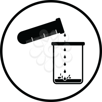 Icon of chemistry beaker pour liquid in flask. Thin circle design. Vector illustration.