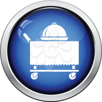 Restaurant  cloche on delivering cart icon. Glossy button design. Vector illustration.