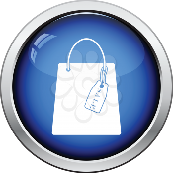 Shopping bag with sale tag icon. Glossy button design. Vector illustration.