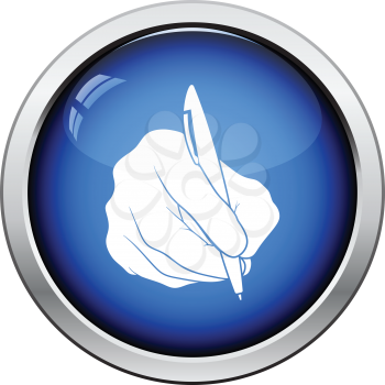 Hand with pen icon. Glossy button design. Vector illustration.