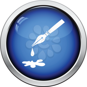 Fountain pen with blot icon. Glossy button design. Vector illustration.