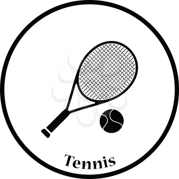 Icon of Tennis rocket and ball . Thin circle design. Vector illustration.