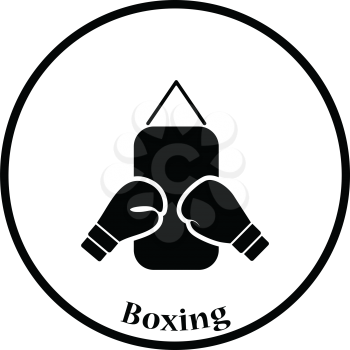Icon of Boxing pear and gloves. Thin circle design. Vector illustration.
