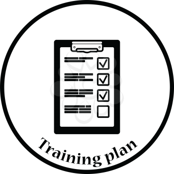 Training plan tablet icon. Thin circle design. Vector illustration.