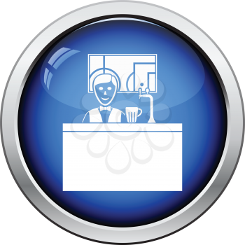 Sport bar stand with barman behind it and football translation on tv icon. Glossy button design. Vector illustration.