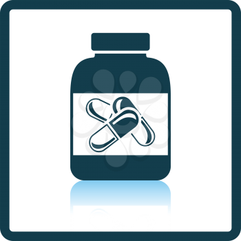 Icon of Fitness pills in container . Shadow reflection design. Vector illustration.
