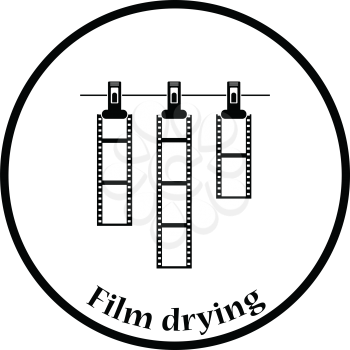 Icon of photo film drying on rope with clothespin. Thin circle design. Vector illustration.