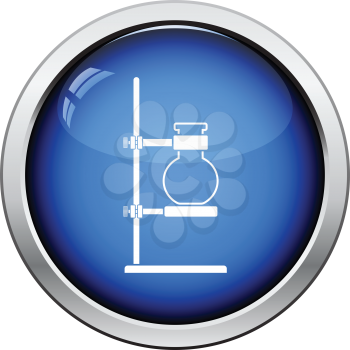 Icon of chemistry flask griped in stand. Glossy button design. Vector illustration.