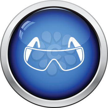 Icon of chemistry protective eyewear. Glossy button design. Vector illustration.