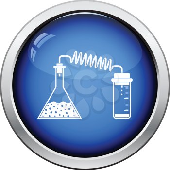 Icon of chemistry reaction with two flask. Glossy button design. Vector illustration.