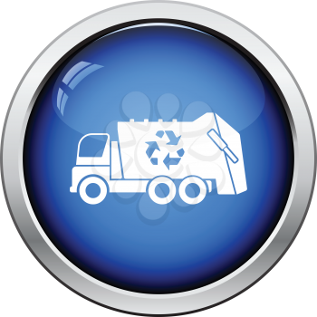 Garbage car recycle icon. Glossy button design. Vector illustration.