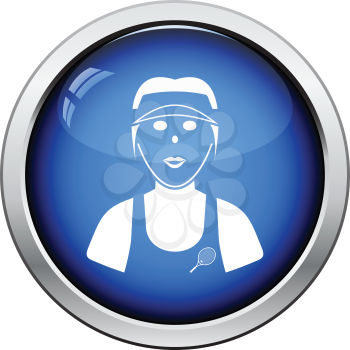 Tennis woman athlete head icon. Glossy button design. Vector illustration.