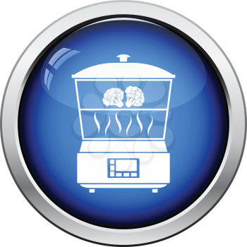 Kitchen steam cooker icon. Glossy button design. Vector illustration.