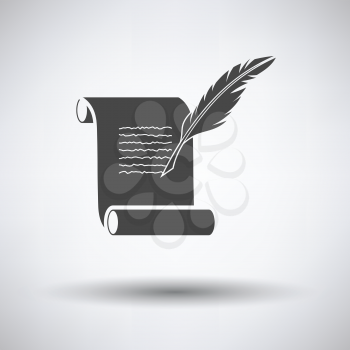 Feather and scroll icon on gray background with round shadow. Vector illustration.