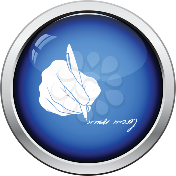 Signing hand icon. Glossy button design. Vector illustration.