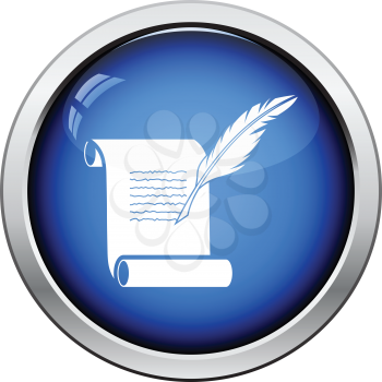 Feather and scroll icon. Glossy button design. Vector illustration.