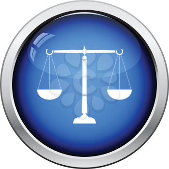 Justice scale icon. Glossy button design. Vector illustration.