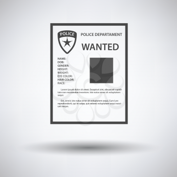 Wanted poster icon on gray background with round shadow. Vector illustration.