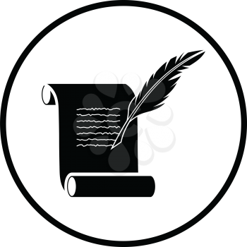 Feather and scroll icon. Thin circle design. Vector illustration.