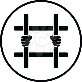 Hands holding prison bars icon. Thin circle design. Vector illustration.