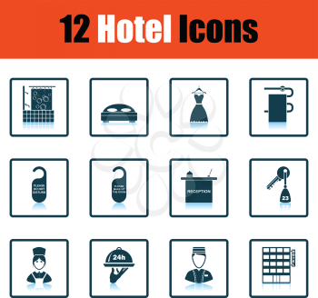 Set of twelve hotel icons. Shadow reflection design. Vector illustration.