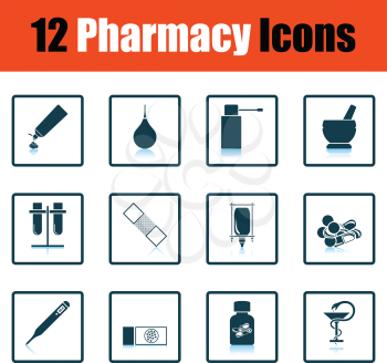 Set of twelve pharmacy icons. Shadow reflection design. Vector illustration.
